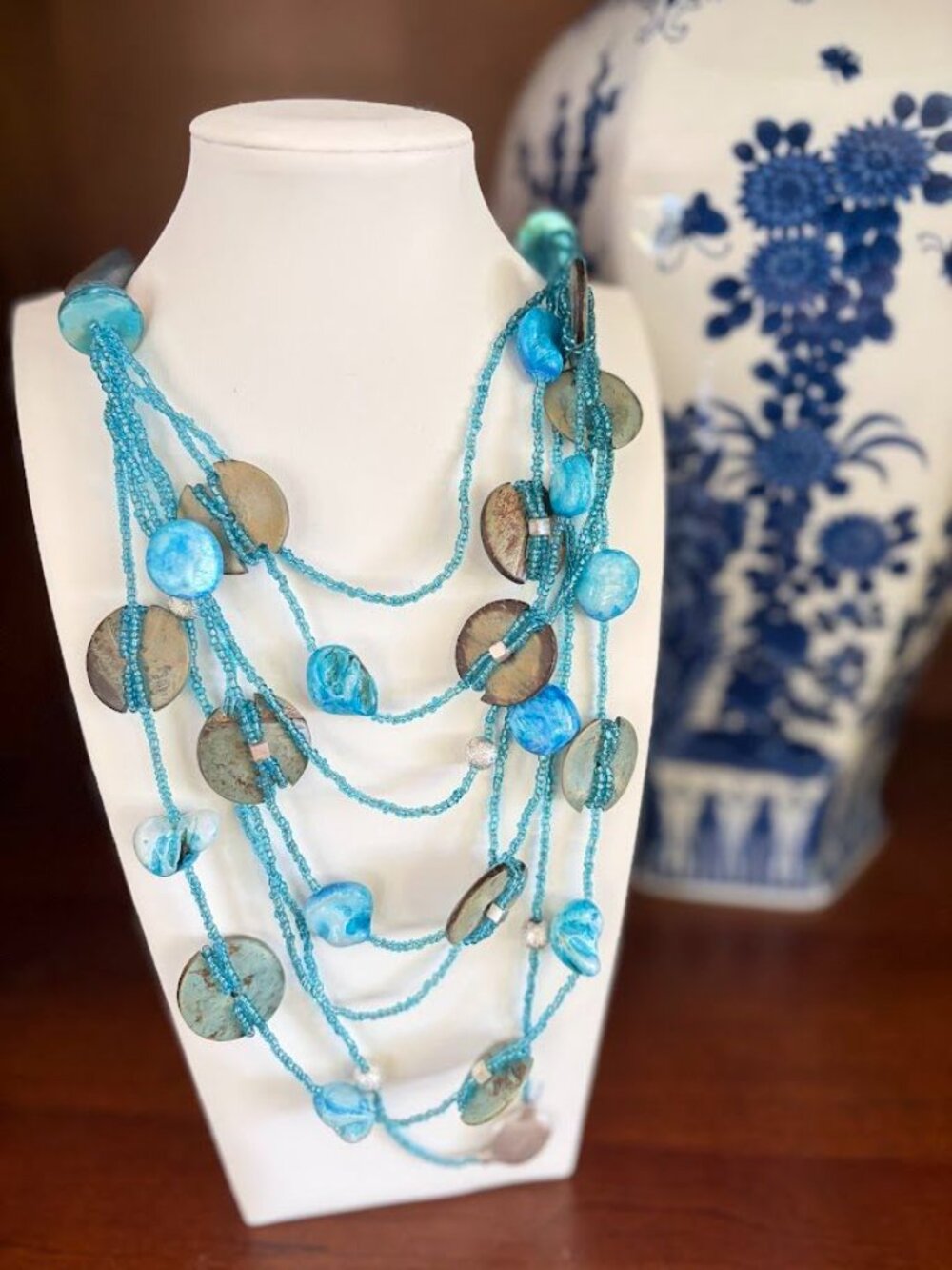 Chico's Turquoise Blue Seed Bead & Shell Layered Statement Necklace - Picture 5 of 5